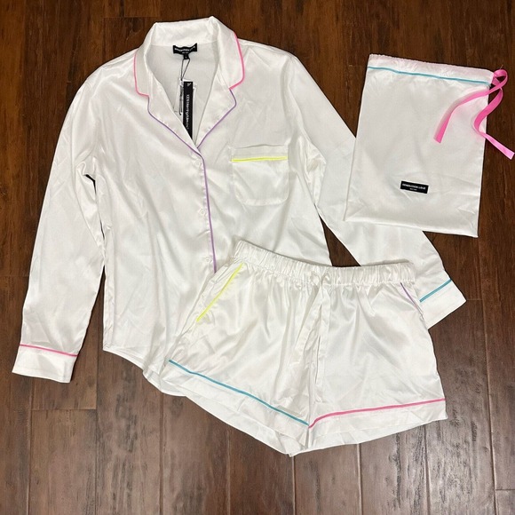 NWT GENERATION LOVE Kim Pajama Shorts Set in White Rainbow - Picture 1 of 16